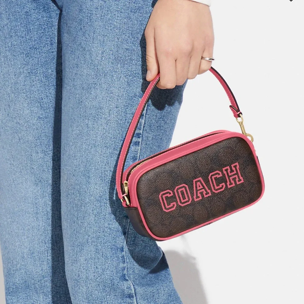 Coach Jamie Wristlet In Signature Canvas With Varsity Motif IM/Brown/Watermelon